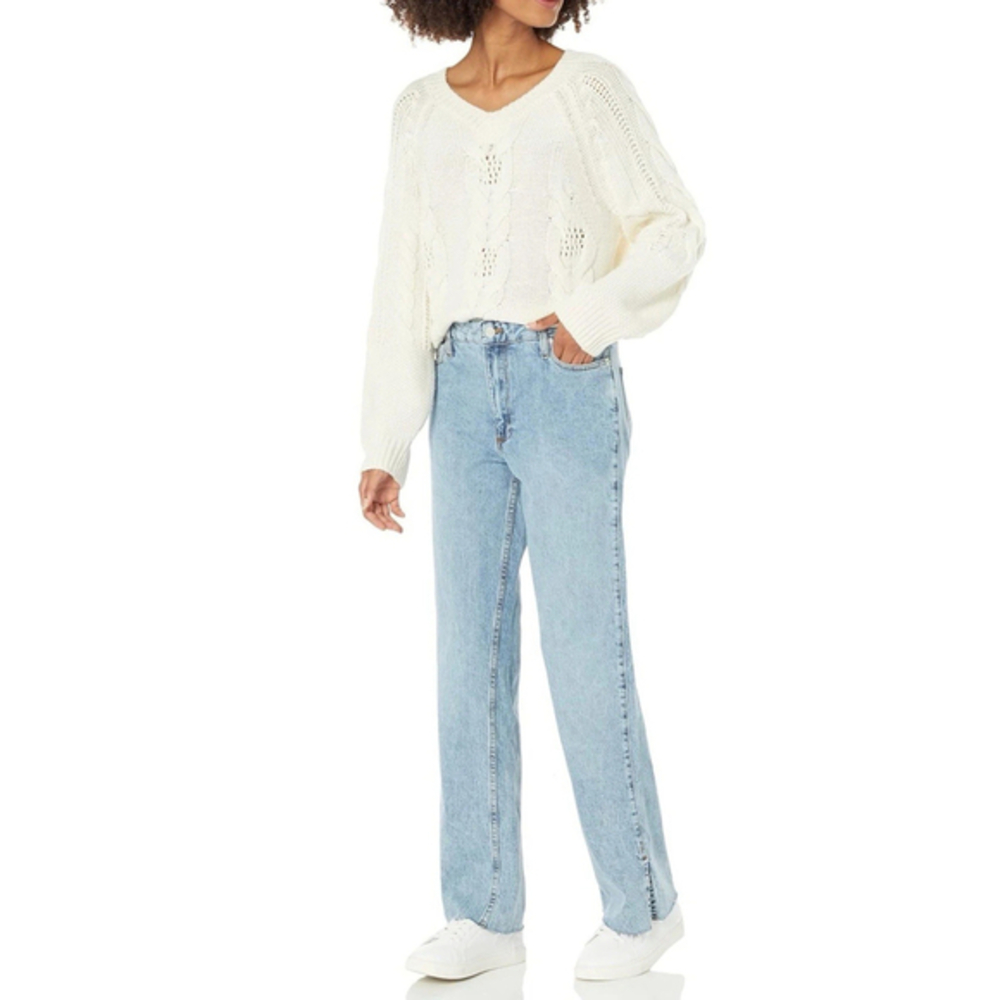 The Drop Women's Ian Mid Rise Relaxed Straight Side Slit Detail 34 Inseam 30